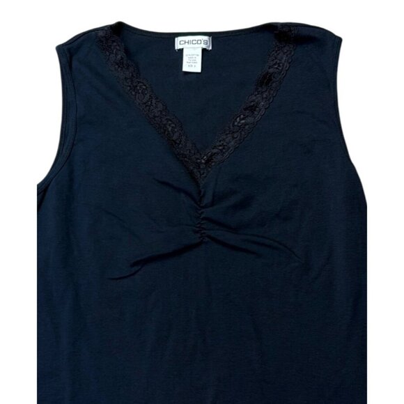 Chicos Black Sleeveless V-Neck Ruched Top With Lace Trim Size XL - Picture 2 of 5